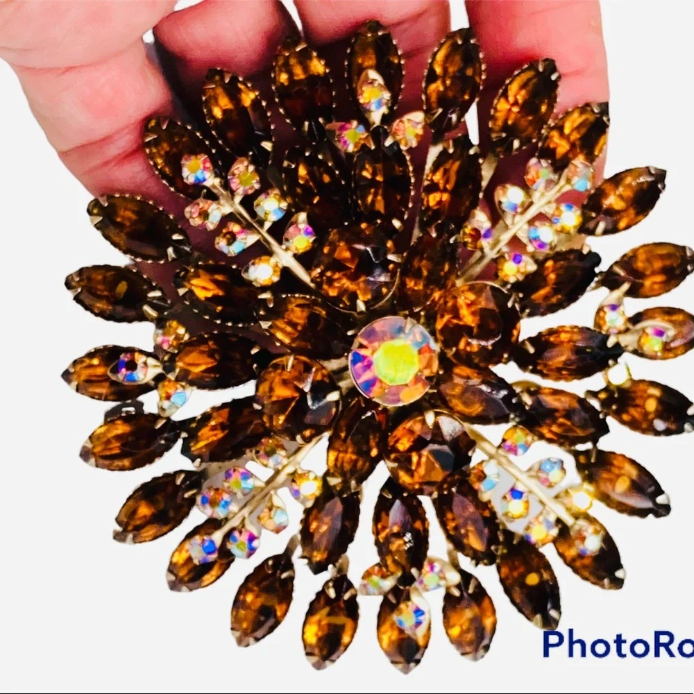 Stunning Huge Vintage Topaz and AB Rhinestone Brooch Earring Set